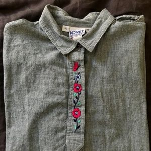 Floral Embroidered Indigo Wash Button Down